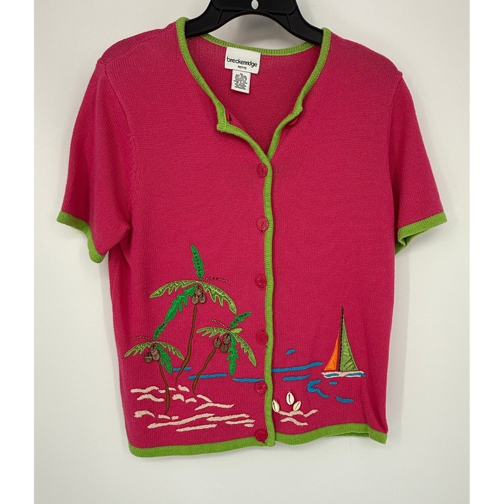 Hot Pink Tropical Cardigan Petite S Palm‎ Tree Island Knit Top Y2K Resortcore